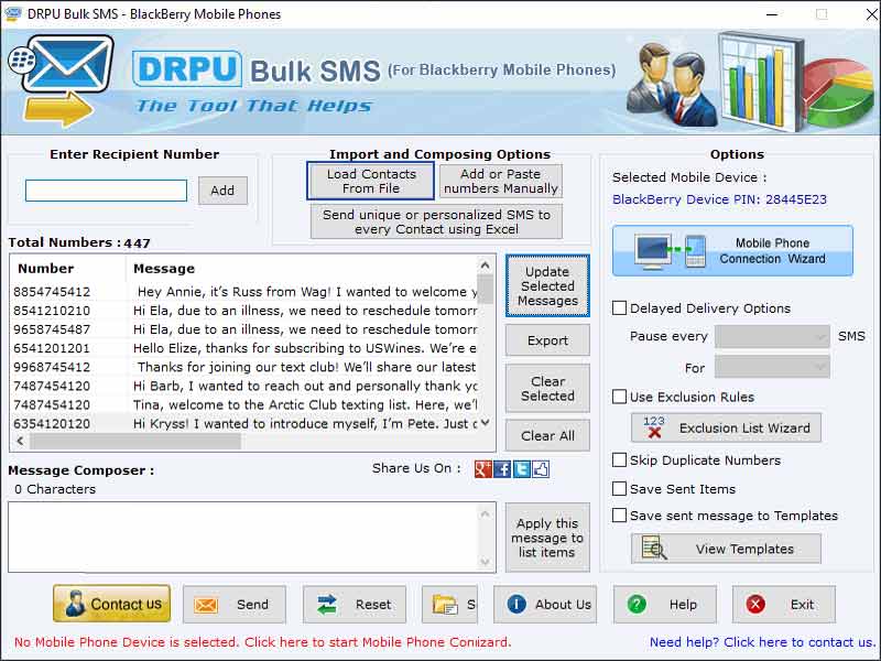 Screenshot of Bulk SMS Messaging Tool with Blackberry