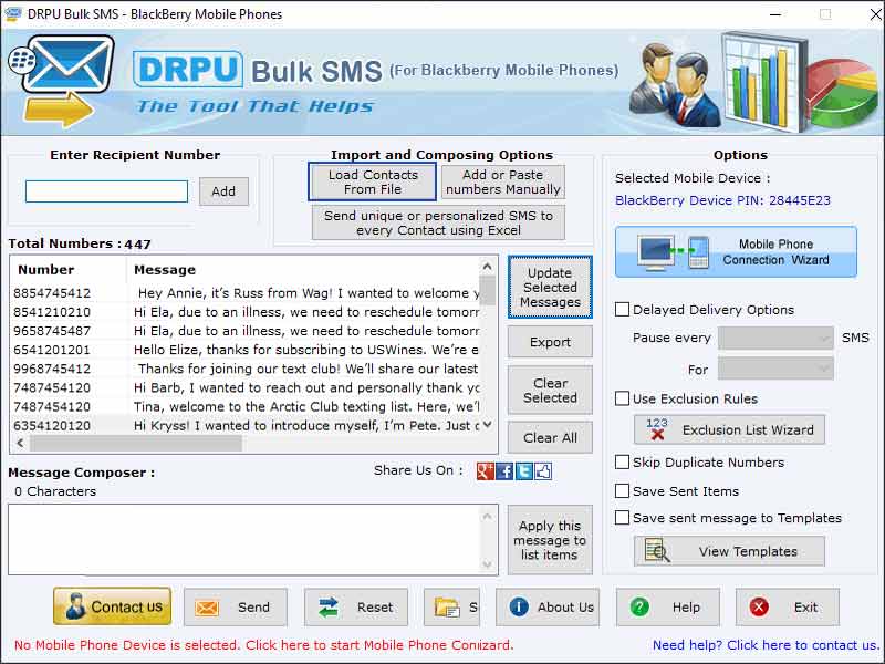 Bulk SMS Messaging Tool with Blackberry screenshot